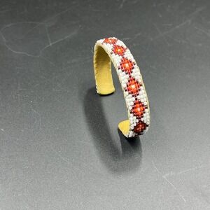 Native American Beaded Leather Red & White Seed Beads Baby/Childs Cuff‎ Bracelet